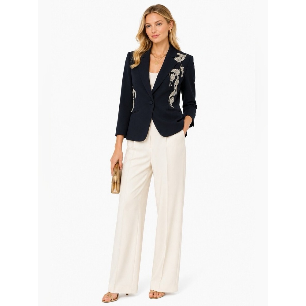 ELIE TAHARI Black Crystal Beaded Embellished Blazer One Button Glam Size 10